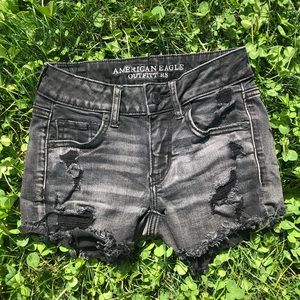 American Eagle Black Distressed Midi Denim Shorts